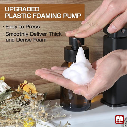 GMISUN Foaming Soap Dispenser, 8.5 fl oz / 250ml Amber Glass Foam Soap Dispenser for Bathroom & Kitchen, 2 Pack Modern Refillable Foaming Hand Soap Dispensers, Foam Pump Bottle with Waterproof Labels