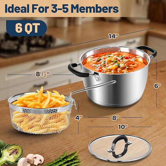 AOSION 6 Quart Stainless Steel Stock Pot with Lid, Deep Fryer Basket for Kitchen Colander Frying Cooking Steaming, 6QT Large Stock Pot for Cooking, Induction Ready, Compatible with All Stoves - Image 2