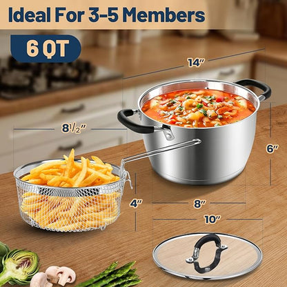 AOSION 6 Quart Stainless Steel Stock Pot with Lid, Deep Fryer Basket for Kitchen Colander Frying Cooking Steaming, 6QT Large Stock Pot for Cooking, Induction Ready, Compatible with All Stoves - Image 2