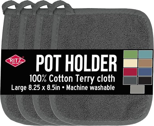 RITZ Terry Potholder & Hot Pad: Unparalleled Heat Resistant, Durable 100% Cotton – Ergonomically Designed for Optimal Grip – Easy-Care Machine Washable – 4-Pack, Graphite by Ritz+Foodservice