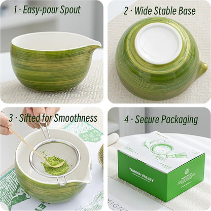 Matcha Whisk Set, 7 Pcs Green Ceramic and Bamboo Tea Ceremony Kit with 480 ML Bowl, Whisk Holder, Scoop, Sifter, Unique Gift Set,Tradition Matcha Tea Set