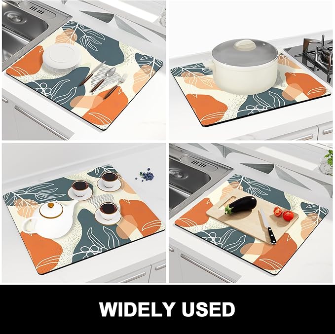 Rnivvi Dish Drying Mat for Kitchen Counter, 16 x 18" Cute Boho Theme Absorbent Heat Resistant Drying Pad with Non-slip Rubber, Coffee Bar Mats for Coffee Machine Dish Rack, Abstract Leaves - Image 7