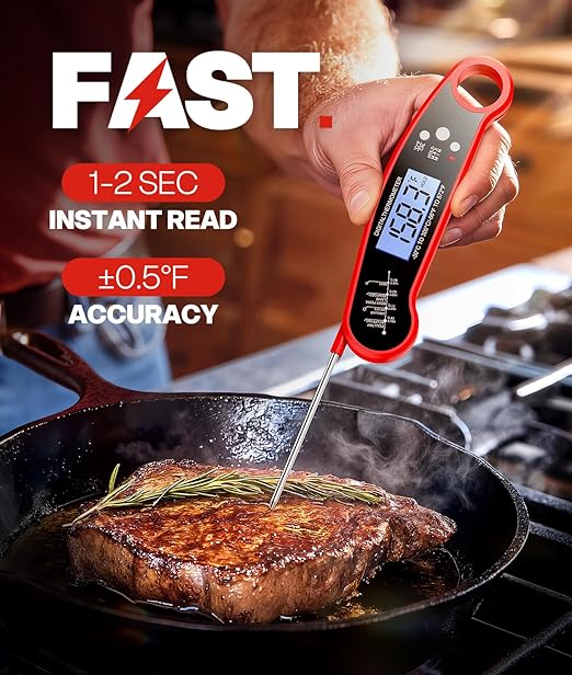 Meat Thermometer Digital – Instant Read Food Thermometer for Grilling, BBQ, Air Fryer, Smoker, Candy Making with Foldable Probe, Kitchen Gadgets, BBQ Essentials, Gift for Mom, Dad, Men, Women, Red