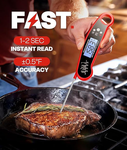 Meat Thermometer Digital – Instant Read Food Thermometer for Grilling, BBQ, Air Fryer, Smoker, Candy Making with Foldable Probe, Kitchen Gadgets, BBQ Essentials, Gift for Mom, Dad, Men, Women, Red
