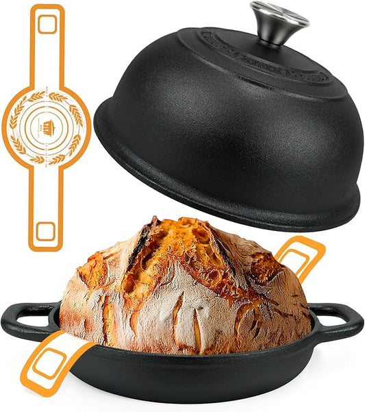 5QT Pre-Seasoned Cast Iron Dutch Oven For Bread Baking, Dutch Oven with Domed Lid, Sourdough Bread Baking Supplies, Multi-Functional Bread Pan For Baking, Frying, Roasting by AHJ