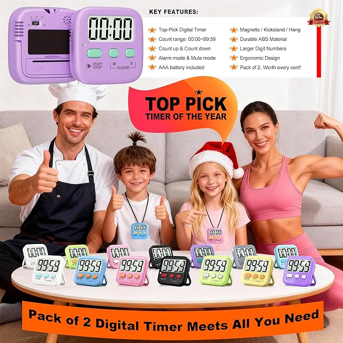 Antonki 2 Pack Digital Timer for Kids, Magnetic Countdown Kitchen Timers for Cooking, Egg, Classroom, Teacher, Exercise, Study, Oven - Battery Included - Image 8