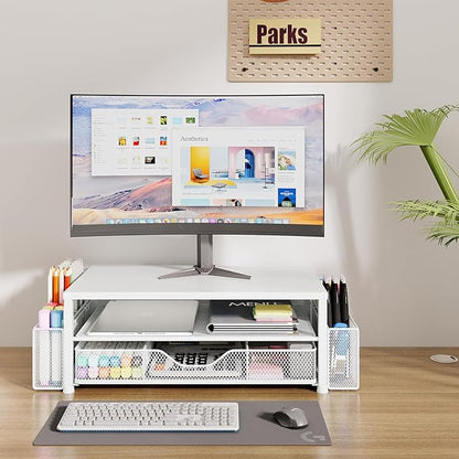 OPNICE Desk Organizers and Accessories, 2-Tier Computer Monitor Stand Riser with Drawer and 2 Pen Holders, Laptop Stand, Office Desk Accessories for Office Supplies, White - Image 2