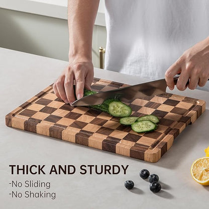 Checkerboard Cutting Boards for Kitchen, Acacia Wooden Cutting Board, End Grain Chopping Board with Juice Groove, Serving Tray for Meat, Vegetables, Fruits, Bread, Cheese, 14" X 11" X 0.8" - Image 2
