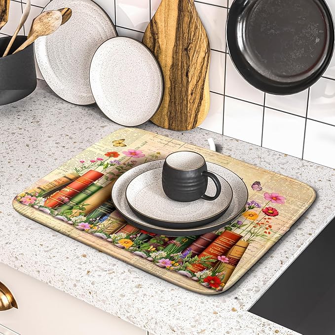 Colorful Books Kitchen Drying Mat - Watercolor Floral Drying Matt Kitchen Counter 16 X 18 In - Image 5