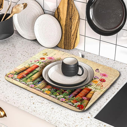 Colorful Books Kitchen Drying Mat - Watercolor Floral Drying Matt Kitchen Counter 16 X 18 In - Image 5