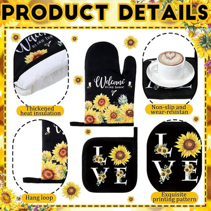 Fourluoo 10 Pcs Sunflower Kitchen Dish Towels Rugs Oven Mitts and Pot Holders Set Farmhouse Kitchen Decor Set for Women Mom Daughter Gift Cooking Baking Grilling (Bright Black Yellow)