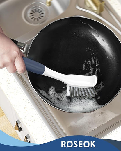 ROSEOK Dish Brush with Built-in Scraper,Kitchen Scrub Brush for Cleaning Dishes,Pots,Non-Stick Pans and Sinks,Navy Blue,2 Pack - Image 7