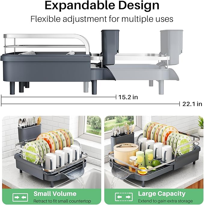 SAYZH Dish Drying Rack - Expandable Dish Rack for Kitchen Counter, Rust-Resistant Dish Drainer with Utensil Holder and Raised Guardrail, Kitchen Organizer for Cup and Bottle (Grey) - Image 2