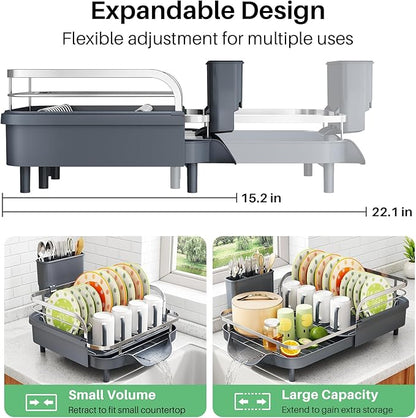 SAYZH Dish Drying Rack - Expandable Dish Rack for Kitchen Counter, Rust-Resistant Dish Drainer with Utensil Holder and Raised Guardrail, Kitchen Organizer for Cup and Bottle (Grey) - Image 2