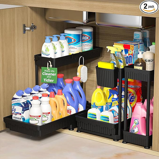 Sevenblue 3 Pack Multi-Purpose Pull-Out Storage Organizers, 2-Tier L-Shaped Under Sink/Cabinet Organizers and Storage for Bathroom & Kitchen, Black, 12.8 Inches by Sevenblue