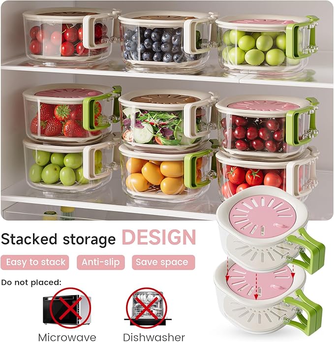 Fruit Vegetable Washer Cleaning Bowl with Strainer, Multifunctional Berry Strainer Container, Lettuce Storage Keeper for Fridge Organization, Kitchen Fruit Drainer Colander (Pink)