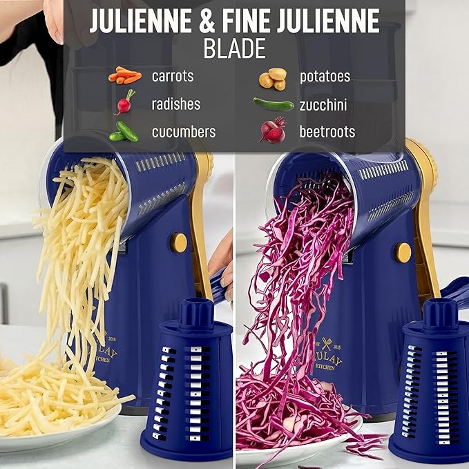 Zulay Kitchen Rotary Cheese Grater 5 Blade Cheese Shredder - Manual Hand Crank Cheese Grater With Reinforced Suction & 5 Interchangeable Drums - Easy to Use, Vegetable Chopper Round Mandoline Slicer - Image 6