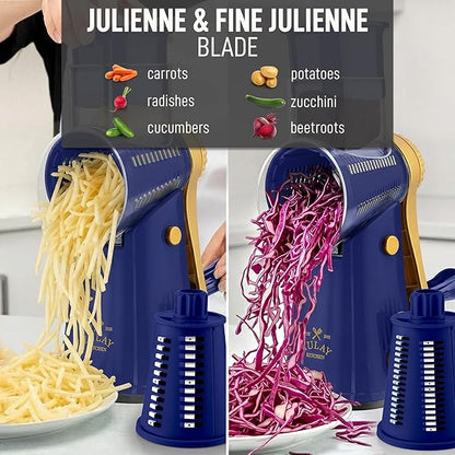Zulay Kitchen Rotary Cheese Grater 5 Blade Cheese Shredder - Manual Hand Crank Cheese Grater With Reinforced Suction & 5 Interchangeable Drums - Easy to Use, Vegetable Chopper Round Mandoline Slicer - Image 6