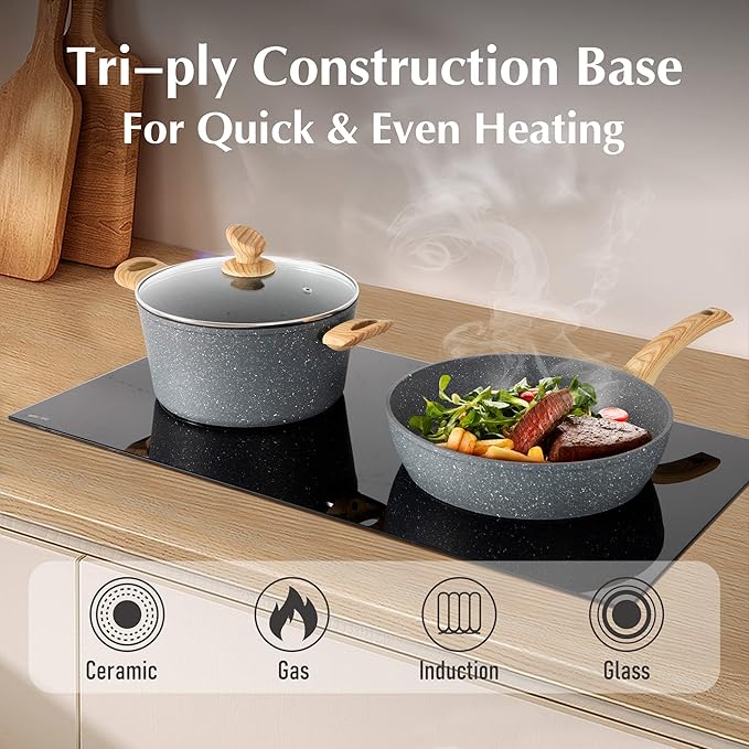 MAISON ARTS Pots and Pans Set Non Stick, 12 Piece Grey Granite Kitchen Cookware Induction Compatible, Pot and Pan Sets for Cooking Nonstick - Image 4