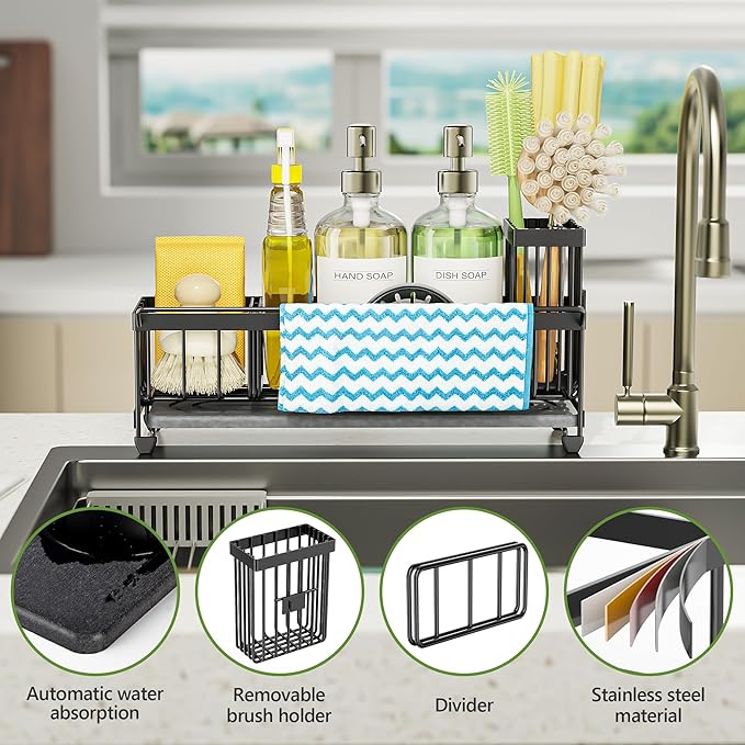 Cisily Large Sink Caddy Organizer with Towel Holder, Quick Dry Sponge Holder for Kitchen, Black Dish Brush Holder for Countertop, Kitchen Decor Storage and Essentials - Image 3