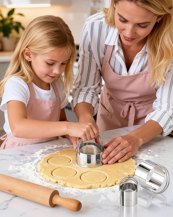Biscuit Cutter Set with Handle, 3 Piece Stainless Steel Round Cookie Cutter Tool, Multi Size Circle Dough Donut Cutters for Baking Cakes, Biscuits, Pastry Dough