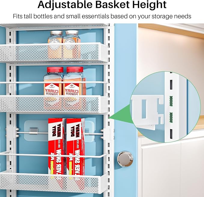8 Tiers Over the Door Organizer - Height Adjustable Pantry Organizers and Storage with Dense Mesh Baskets, Anti-Swing Hanging Door Spice Rack for Kitchen Bathroom (White, 12.3"W x 4.7"D x 69"H) - Image 7