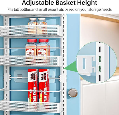 8 Tiers Over the Door Organizer - Height Adjustable Pantry Organizers and Storage with Dense Mesh Baskets, Anti-Swing Hanging Door Spice Rack for Kitchen Bathroom (White, 12.3"W x 4.7"D x 69"H) - Image 7