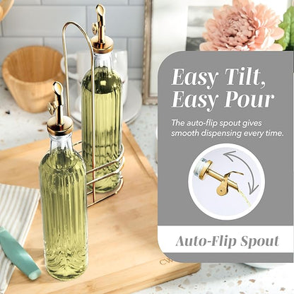 COOK WITH COLOR Glass Olive Oil Bottle Dispenser - 2 Pack- 17oz Oil and Vinegar Cruet - Olive Oil Carafe Decanter for Kitchen, Elegant Fluted, Clear - Image 3