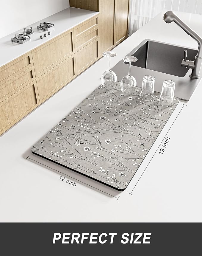 Rnivvi Dish Drying Mat for Kitchen Counter, 12 x 19" Cute Flower Theme Super Absorbent Draining Pad, Non-Slip Heat Resistant Coffee Bar Mats for Coffee Machine Station Accessories, Grey Dish Rack Pad - Image 2