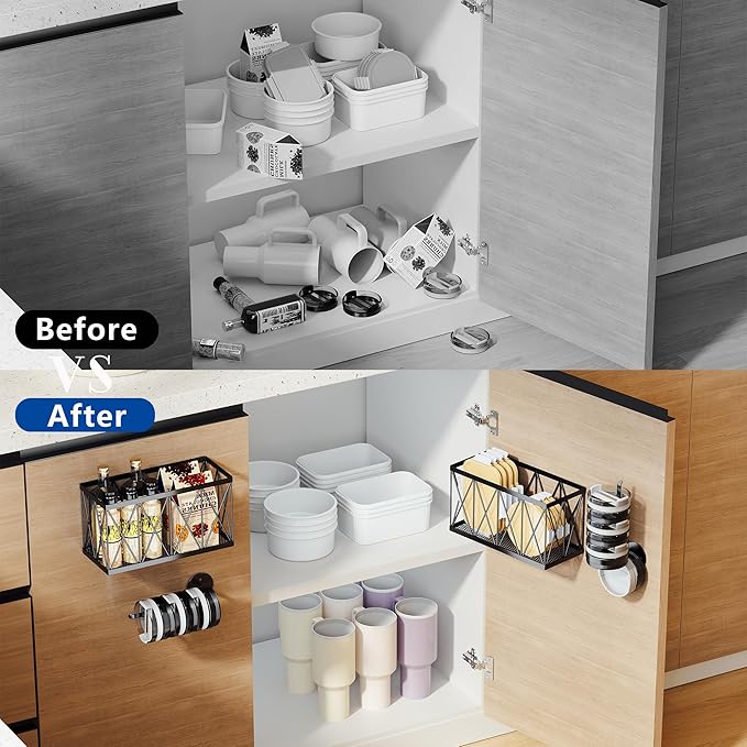4 Pack Adhesive Cabinet Door Organizer, 2 Baskets + 2 Tumbler Lid Holders, Lid Organizer Inside Cabinet for Tupperware Pyrex Yeti Stanley, Pantry Door & Bathroom Wall Mounted Storage