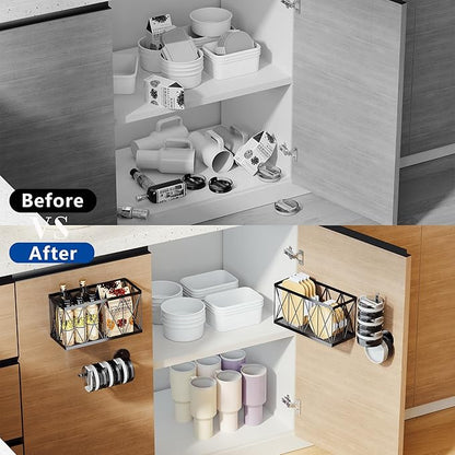 4 Pack Adhesive Cabinet Door Organizer, 2 Baskets + 2 Tumbler Lid Holders, Lid Organizer Inside Cabinet for Tupperware Pyrex Yeti Stanley, Pantry Door & Bathroom Wall Mounted Storage