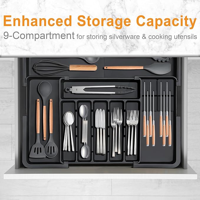 Homecor Silverware Organizer - Expandable Large Kitchen Drawer Organizer Utensil Organizer with 2 Removable Knife Blocks, 22"x 19"Cutlery Tray Drawer Dividers for Kitchen Flatware(6-9 Slots) (Black) - Image 7