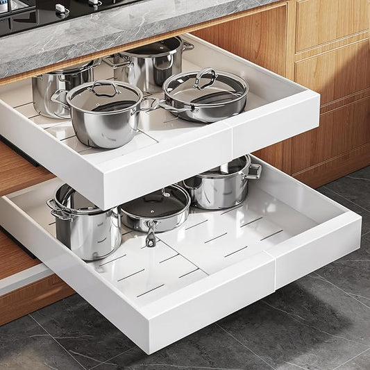 Seinloes 2Pack Expandable Pull Out Cabinet Organizer 21"Deep With Raising Pad for Framed Cabinets, Upgrade 3 Slide Rails Slide Out Drawers, Roll Out Shelves Adhesive,Adjustable Width 12.05"-20.4"White by Seinloes