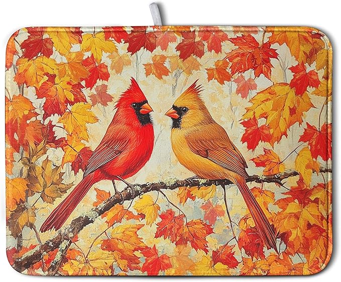 Fall Dish Drying Mats for Kitchen Counter Maple Leaf Cardinal Birds Dish Draining Mat 18x24 Inch Autumn Thanksgiving Dish Rack Mat Microfiber Absorbent Dish Drainer Pad by Kwlegh