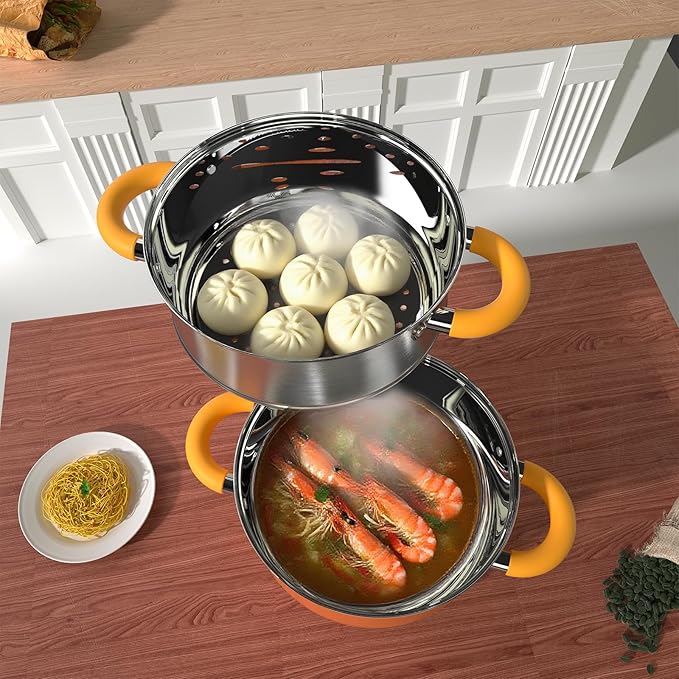 Vegetable Steamer, 4 Quart Steamer for Cooking, Non Toxic 5 Ply Base Oranger Pot with Lid and Steaming, Kitchen Decor Gift for Warminghouse, Dishwasher Safe