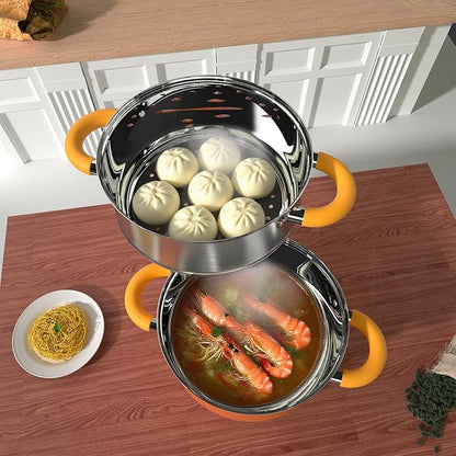 Vegetable Steamer, 4 Quart Steamer for Cooking, Non Toxic 5 Ply Base Oranger Pot with Lid and Steaming, Kitchen Decor Gift for Warminghouse, Dishwasher Safe