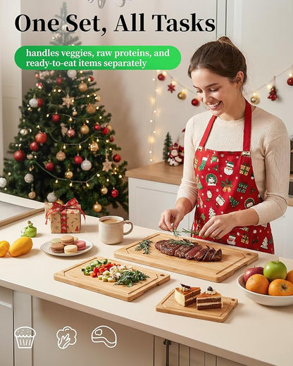 Kitchen Cutting Board Set - 3-Piece Wooden Cutting Boards for Kitchen with Juice Groove, Handles, Hang Holes, Stylish Kitchen Essentials for Chpping & Serving, Natural, 0.6"Th - (L+M+S) - Image 3
