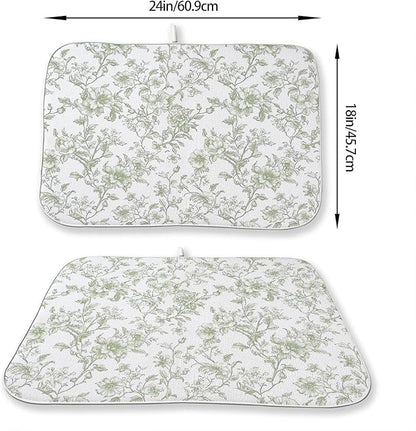 Sage Green Dish Drying Mat 18 x 24 Inch Chinoiserie Light Green Floral Drying Mat for Kitchen Counter Absorbent Spring Summer Flowers Dishes Dry Pad for Drainer Rack Kitchen Fast Dry