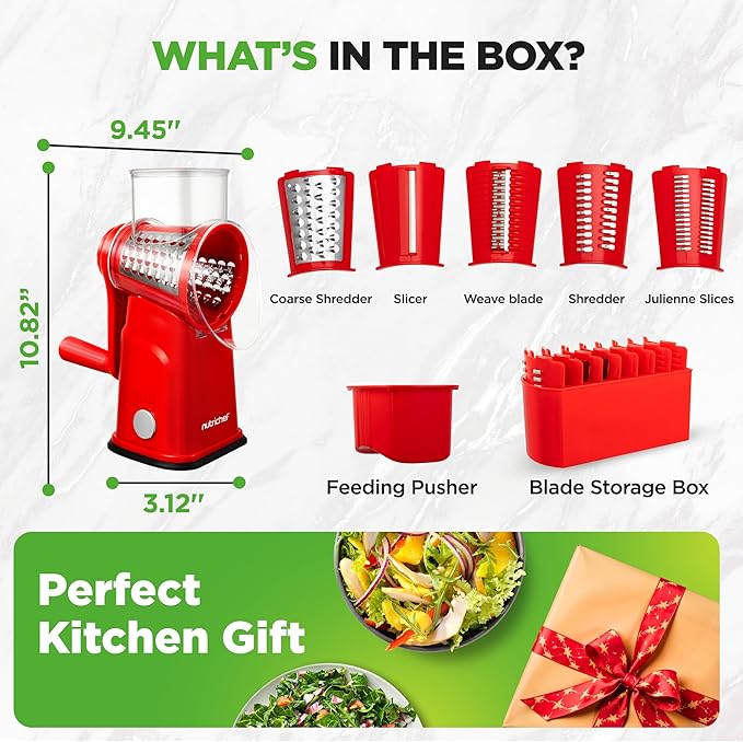 NutriChef 5 in 1 Cheese Grater & Shredder | 5 Different Blades for Thin, Thick, Julienne Strips, Wavy, & Straight Strips | Includes Hand Crank, Strong Suction Base & Storage Container | Red - Image 8