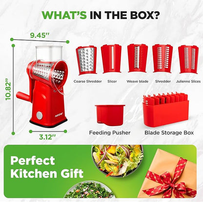 NutriChef 5 in 1 Cheese Grater & Shredder | 5 Different Blades for Thin, Thick, Julienne Strips, Wavy, & Straight Strips | Includes Hand Crank, Strong Suction Base & Storage Container | Red - Image 8
