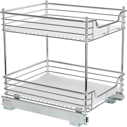 Household Essentials Glidez Chrome-Plated Steel Pull-Out/Slide-Out Storage Organizer with Plastic Liners for Under Cabinet Use - 2-Tier Design - Fits Standard Size Cabinet or Shelf, Chrome