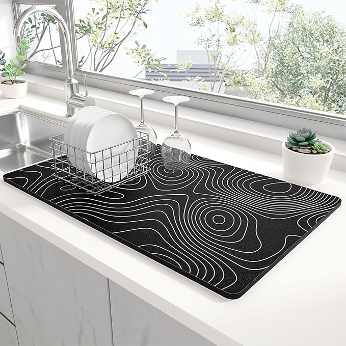 Rnivvi Dish Drying Mat for Kitchen Counter, XL 15 x 24" Cute Marble Super Absorbent Draining Pad, Non-Slip Heat Resistant Coffee Bar Mats for Coffee Machine Station Accessories, Line Art Dish Rack Pad by Rnivvi