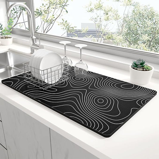 Rnivvi Dish Drying Mat for Kitchen Counter, XL 15 x 24" Cute Marble Super Absorbent Draining Pad, Non-Slip Heat Resistant Coffee Bar Mats for Coffee Machine Station Accessories, Line Art Dish Rack Pad by Rnivvi