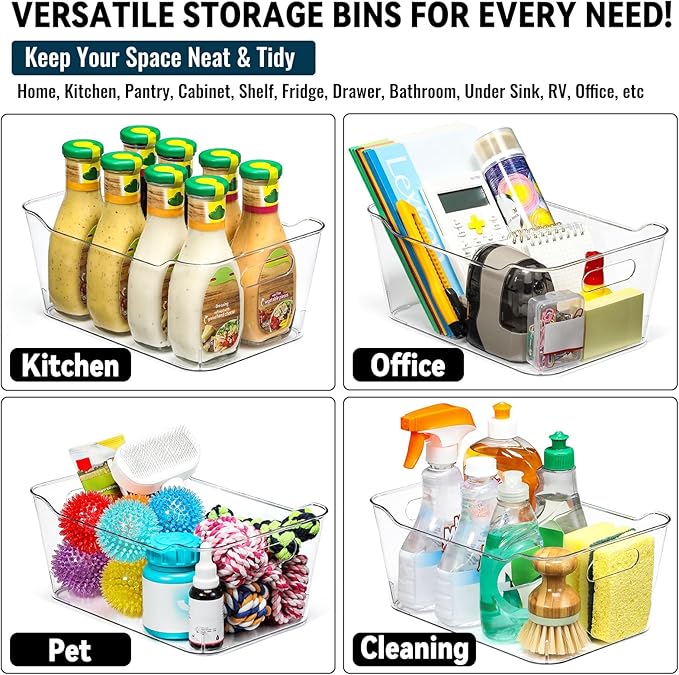 12 PACK Multi-Use Clear Plastic Storage Bins for Organizing w/Labels - Home, Kitchen, Pantry, Bathroom, Office, Cabinet Shelf Organizer Bins - SOHO Collection, RV, Fridge Organization Containers - L - Image 6
