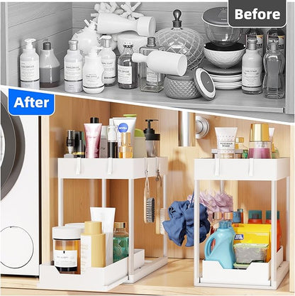 Simple Trending Under Sink Organizer 2 Pack, Sink Pull-Out Sliding Storage Cabinet, 2-Tier Under Shelf Organizer for Kitchen Bathroom, White - Image 3
