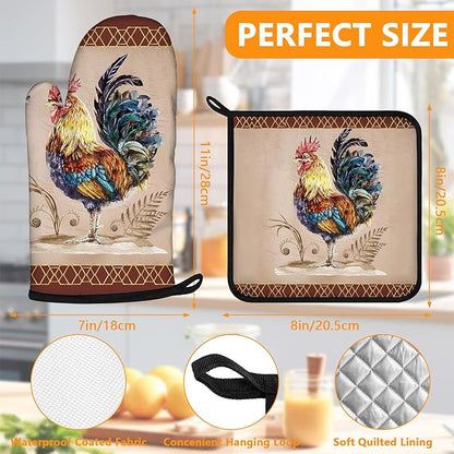 Rooster Oven Mitts and Pot Holders Sets 4Pcs,Extra Long Oven Gloves Potholder for Kitchen Cooking Baking BBQ 100% Cotton Heat Resistant - Image 2