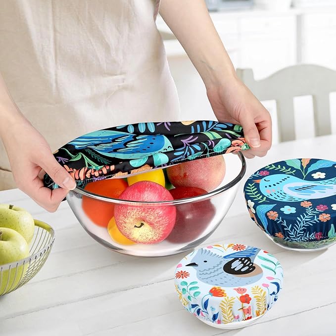 5 Pieces Bowl Covers Reusable, 5 Size Elastic Cloth Bowl Covers for Bread Proofing, Food Covers Washable for Food Fruits Leftover (Floral Bird) - Image 5