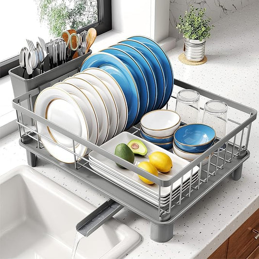 SNTD Dish Drying Rack - Small Dish Rack for Kitchen Counter, Stainless Steel Dish Drainer with Utensil Holder and Drainboard, 12.9" W x 16.9" L (Grey) by SNTD