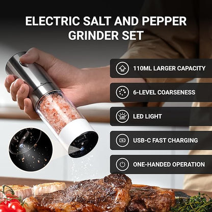 ThermoMaven Electric Salt and Pepper Grinder Set, 110ml Larger Rechargeable Automatic Salt and Pepper Mill Grinder with 6 Adjustable Coarseness, Salt and Pepper Shakers, LED, 2 Packs, Black & White - Image 3