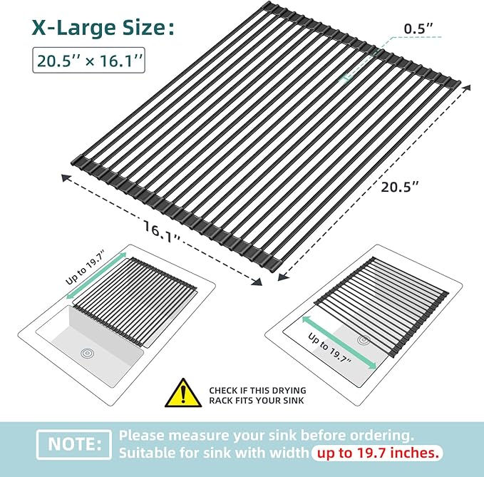 Ohuhu Sink Drying Rack, 20.5" W x 16.1" L Over Sink Roll-Up Dish Drainer - Rolling Foldable Accessories Heat-Resistant Mat Anti-Slip Silicone Coated Multipurpose for Kitchen Counter - Image 9